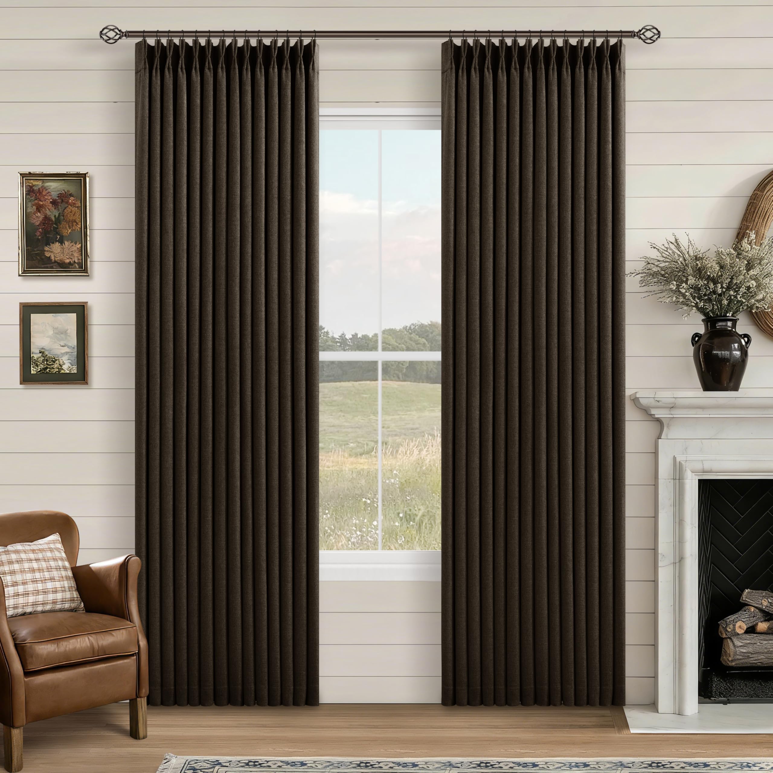 Dark Chocolate Pinch Pleated 100% Blackout Linen Bedroom 80 Inch Curtains — image 1