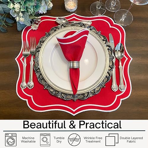 Miniatura 9 de Juego de 4 manteles individuales de algodón y lino, de doble capa, lavables a máquina, resistentes a las arrugas, festoneados y bordados, manteles