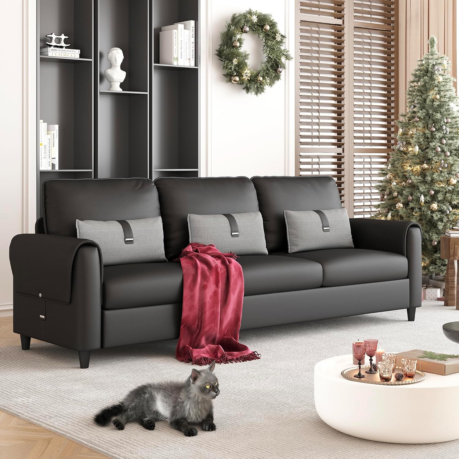 STHOUYN 88" Black Faux Leather 3-Seater Couch with High Backrest - Modern Sofa for Living Room, Office & Small Spaces