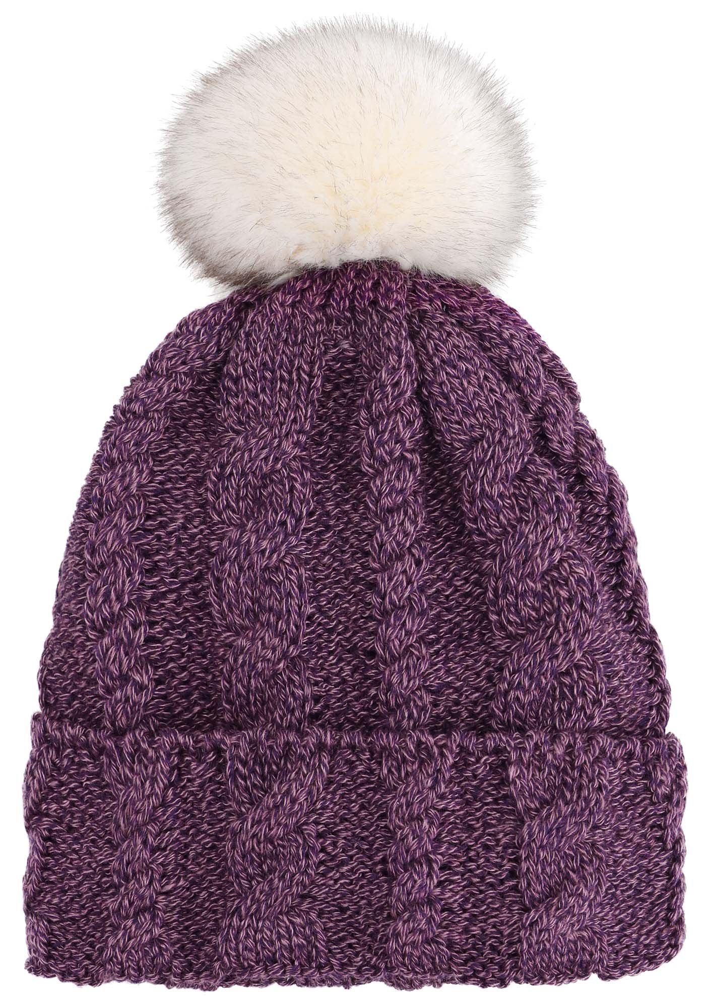 Arctic PawBraided Heather Cable Knit Beanie Hat with Faux Fur Pompom, Purple