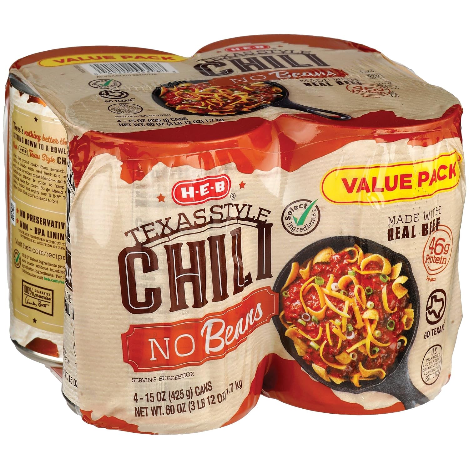 H-E-B Texas Style Chili, 4 Count, No Beans, Packaged Soup and Stew