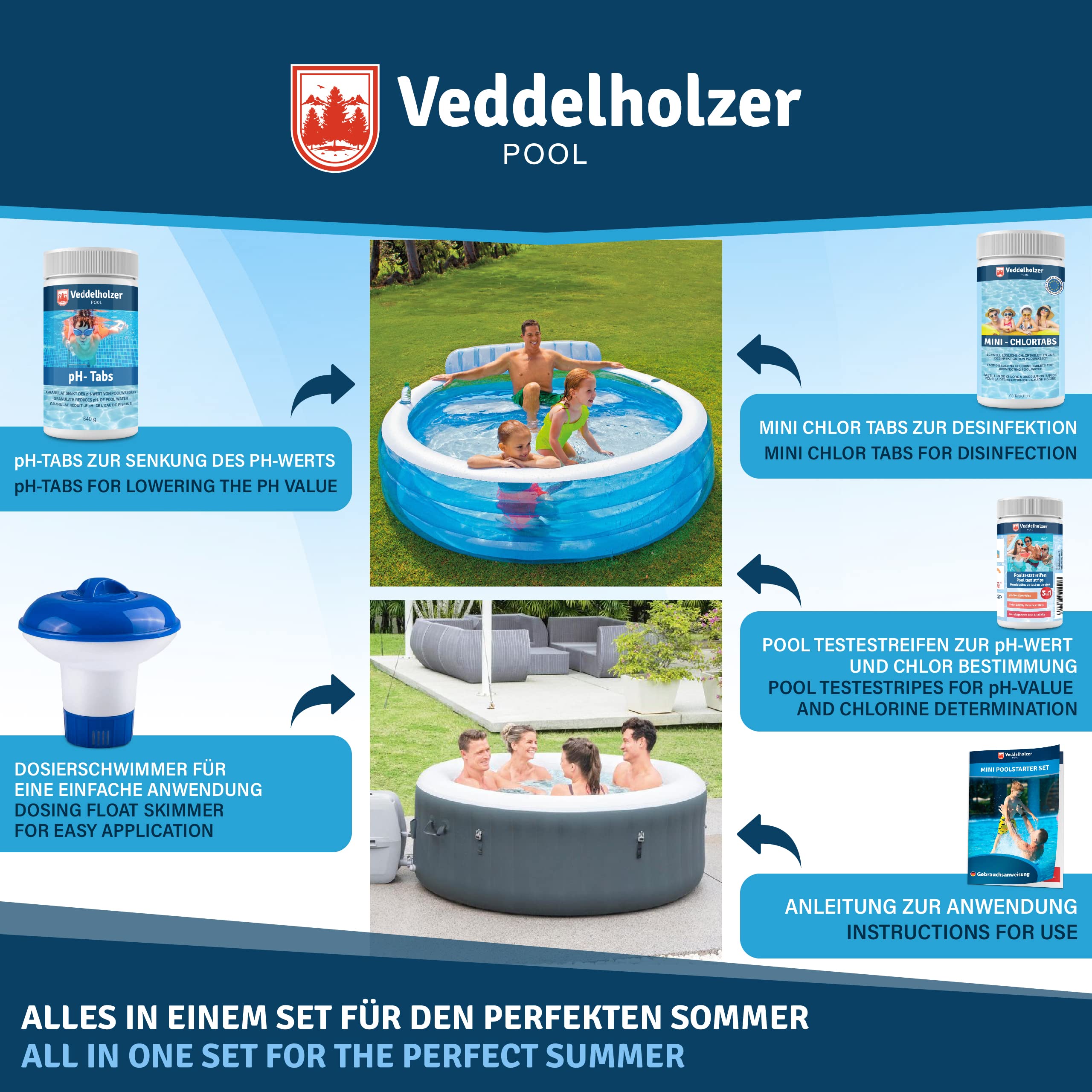 Veddelholzer Mini 4 in 1 Pool Reinigungsset & Spa Poolreiniger, Tester pH, Chlortabletten für Pool 2,7 g, ph minus, Skimmer zur Poolpflege für Anfänger mit Anleitung Perfekte Pool Reinigung & Whirpool