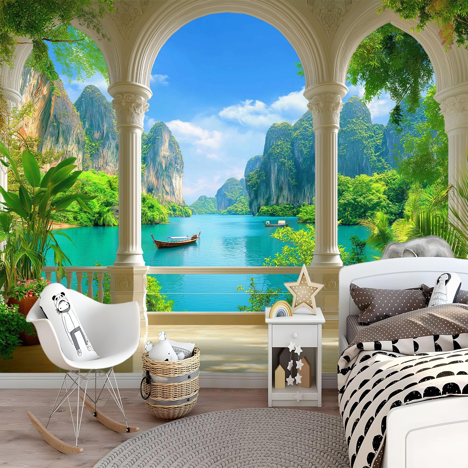 Panoramiczna tapeta w stylu morskim w stylu śródziemnomorskim, natura, krajobraz, 250 x 175 cm, olbrzymi plakat ścienny z włókniny, efekt 3D Trompe l'oko, dekoracja do salonu, pokoju dziecięcego i