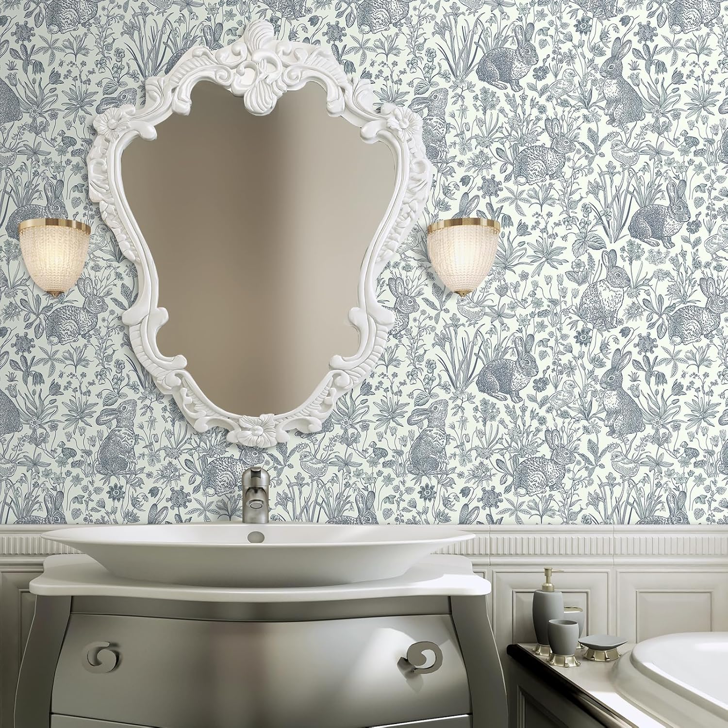 Livelynine 17.5x276 Vintage Bunny Peel and Stick Wallpaper Floral Antique Rabbit Toile Whimsical Farmhouse Wall Paper for Bathroom Kids Kitchen Dark Blue and White Contact Paper Renter Friendly Vinyl