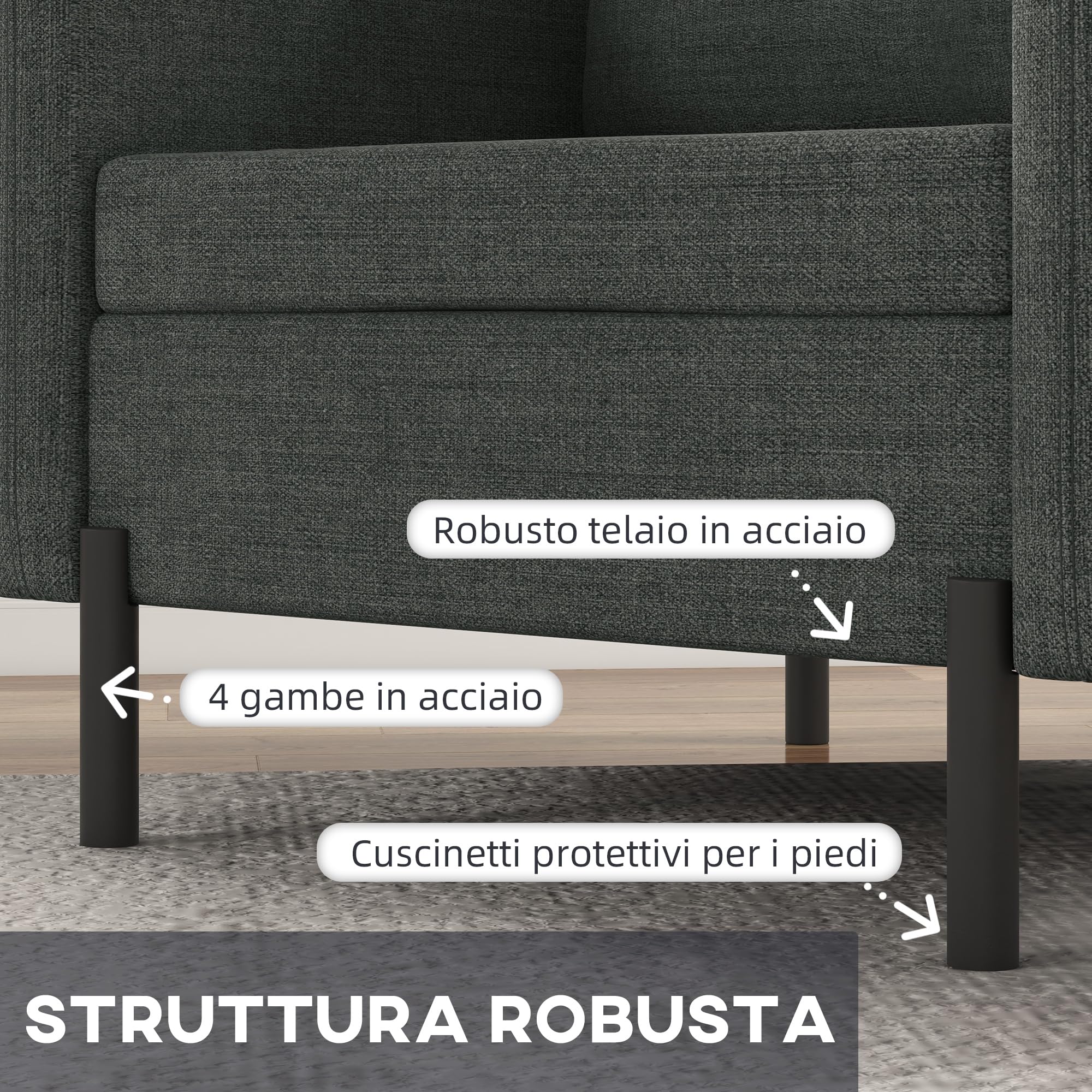 HOMCOM Poltroncina Moderna in Tessuto Effetto Lino con Gambe in Acciaio e Tasche Laterali, 73x73x80cm, Grigio