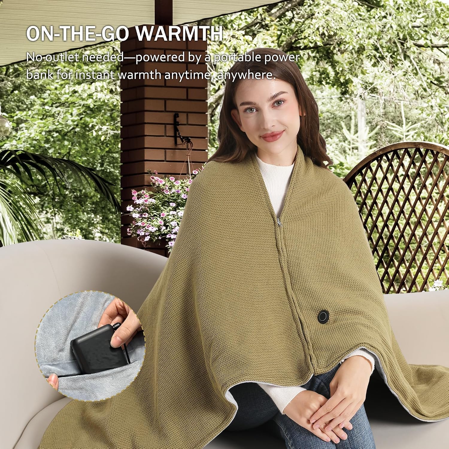 KSFJZF Heated Blanket with 20000mAh Power Bank - 58"X32" Green Knit & Gray Crystal Velvet, Rapid Heating, 3 Temps, Portable Cordless Heated Throw Shawl for Indoor & Outdoor Comfort (Green)