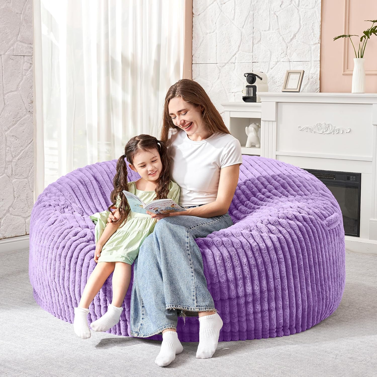 HABUTWAY 3FT Bean Bag Chair, 3' Large Bean Bag Chairs for Adults with Stripe Plush Cover, Memory Foam Beanbag Chair for Living Room Bedroom Dorm，Purple