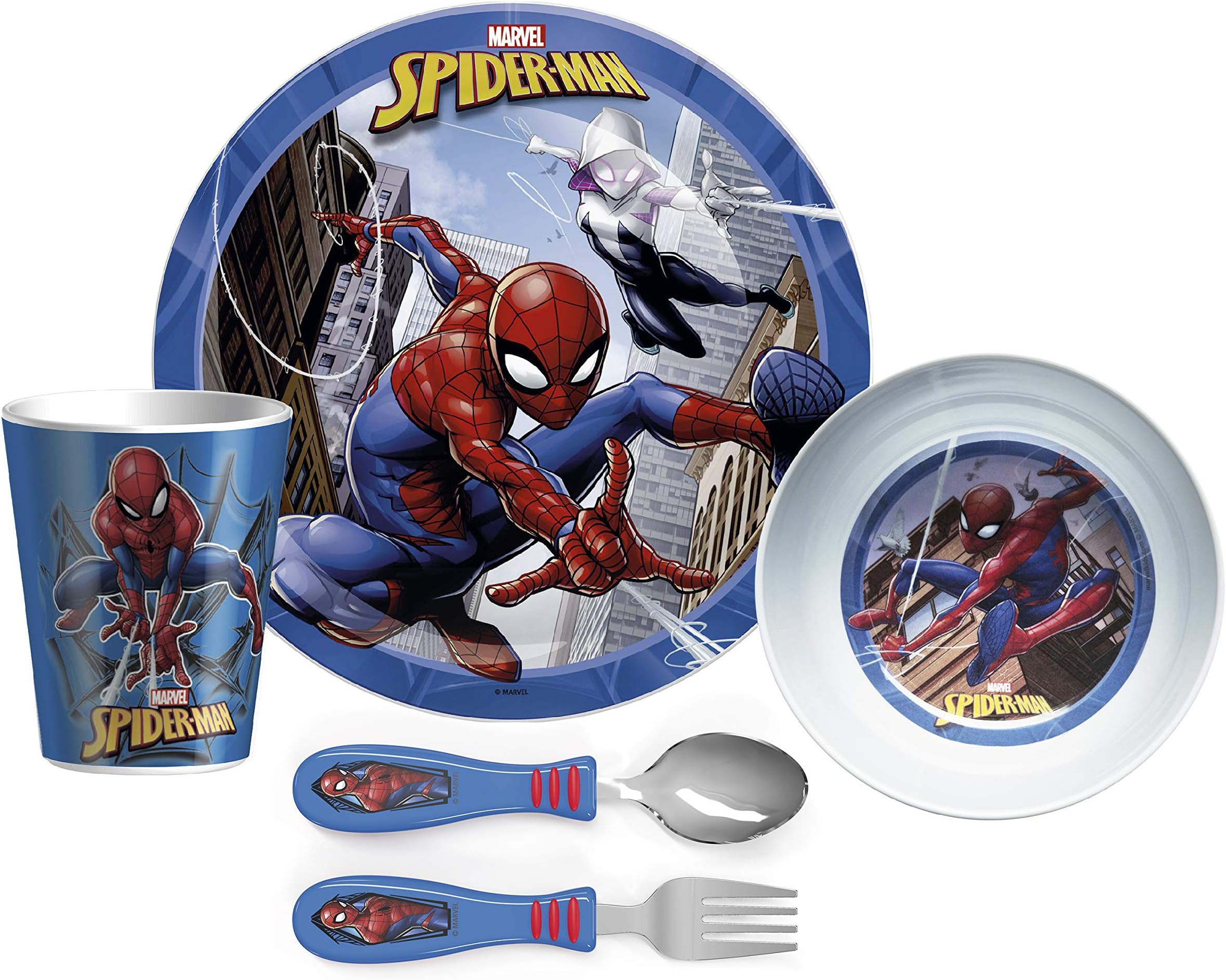 Zak Designs Marvel Spider-Man - 5-Piece Dinnerware Set - Durable Plastic & Stainless Steel - Includes Tumbler, 8-Inch Plate, 6-Inch Bowl, Fork & Spoon - Suitable for Kids Ages 3+