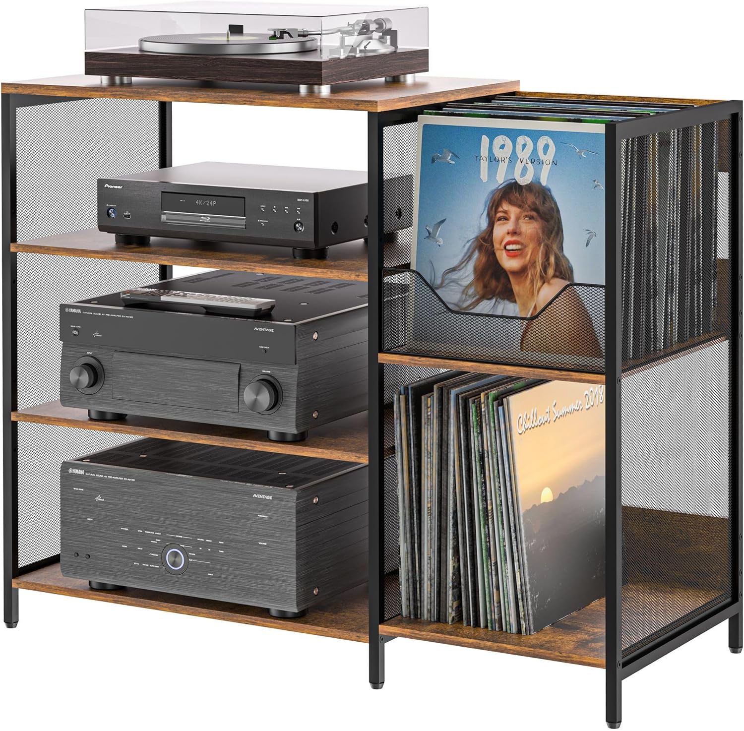 Mesa grande para tocadiscos con soporte para discos de vinilo de hasta 150 unidades, soporte para medios AV, estante estéreo con almacenamiento,