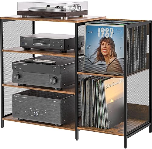 Mesa grande para tocadiscos con soporte para discos de vinilo de hasta 150 unidades, soporte para medios AV, estante estéreo con almacenamiento,