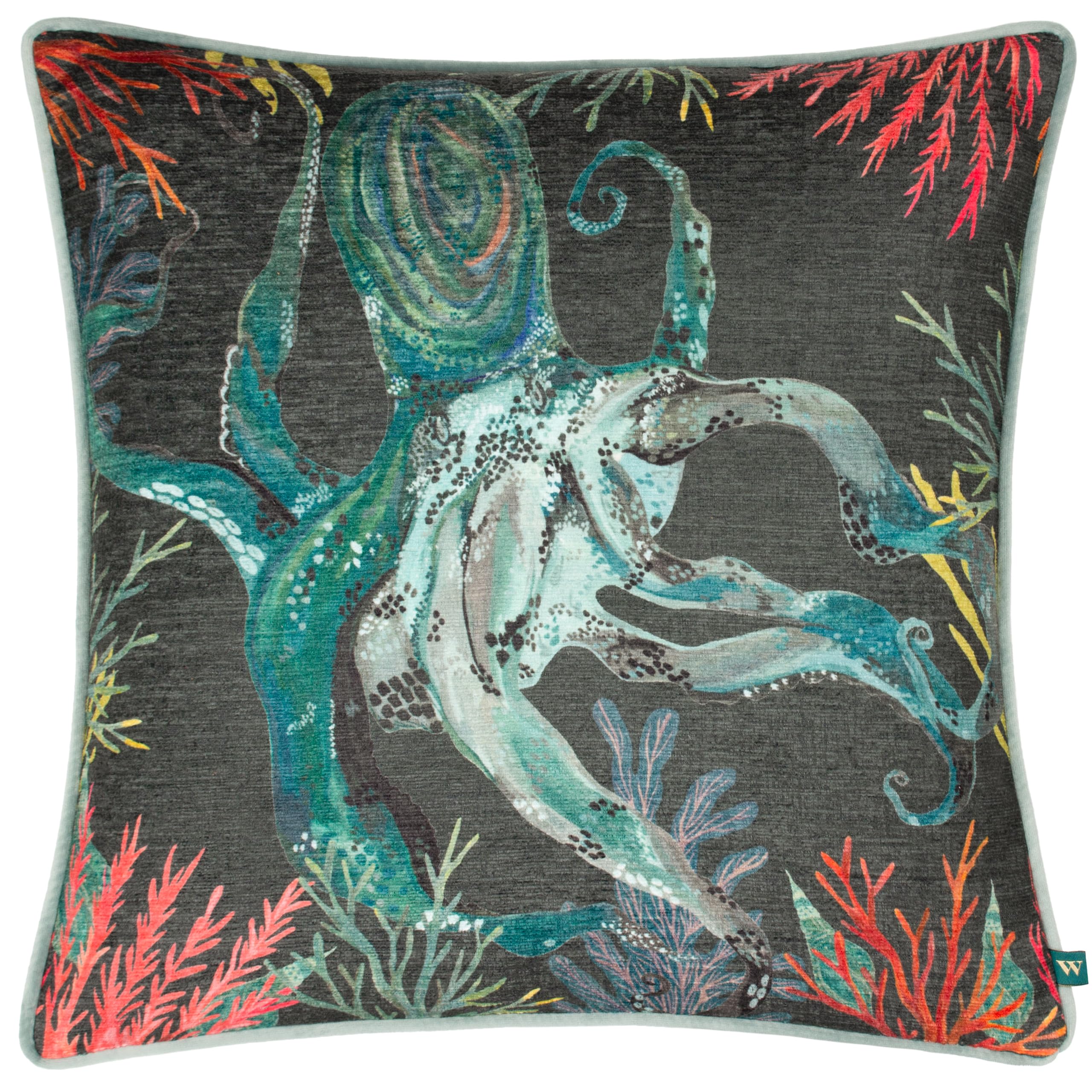 furn. Wylder Abyss Octopus Cushion Cover – Hand Painted Ocean Inspired Tropical Fish Chenille Decorative Case (Lichen – 43x43cm)
