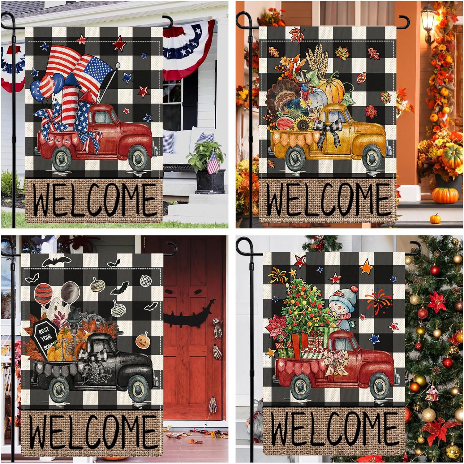 Rustic Truck Buffalo Plaid Garden Flags for Outside Set of 12, Welcome Seasonal Garden Flags 12x18 Double Sided, Car Holiday Lawn Flags, Winter Spring Outside Decorations for Yard - Image 3