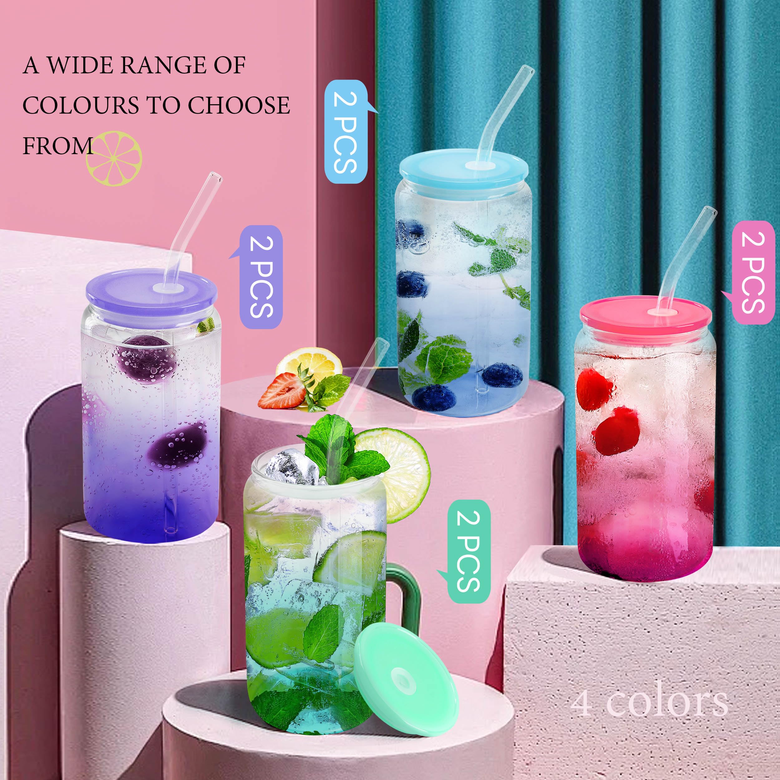 Joyclub Juego de 8 vasos de vidrio de 473 ml con tapas acrílicas y popotes, 8 tazas de café helado con forma de lata, vasos degradados, bonitos vasos ideales para batidos, refrescos, té, cóctel,