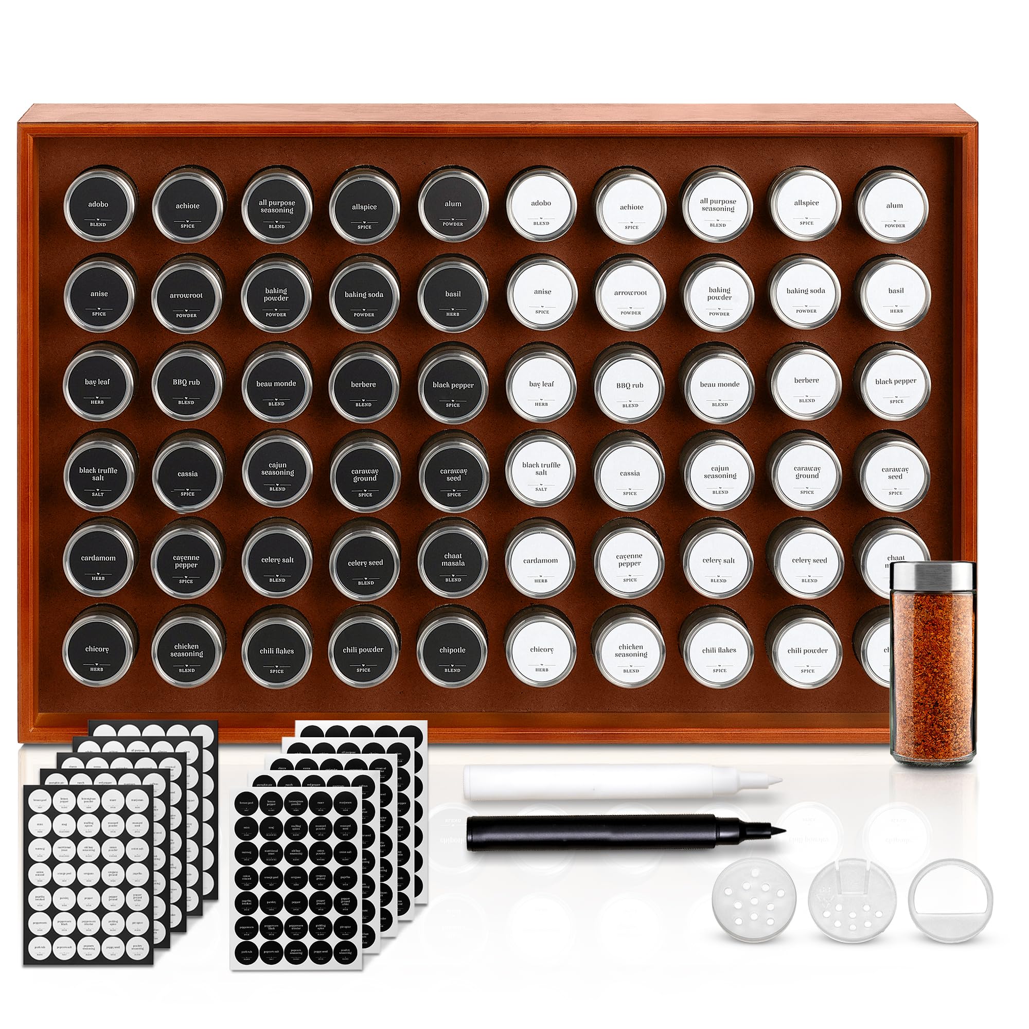 BOURBON & BARREL Wooden Spice Rack Organizer with Glass Jars | Stainless Steel Lids | Bamboo Countertop Spice Organization | 350 Waterproof Spice Labels | 2 Chalk Markers | 60 4oz Jars [Walnut]
