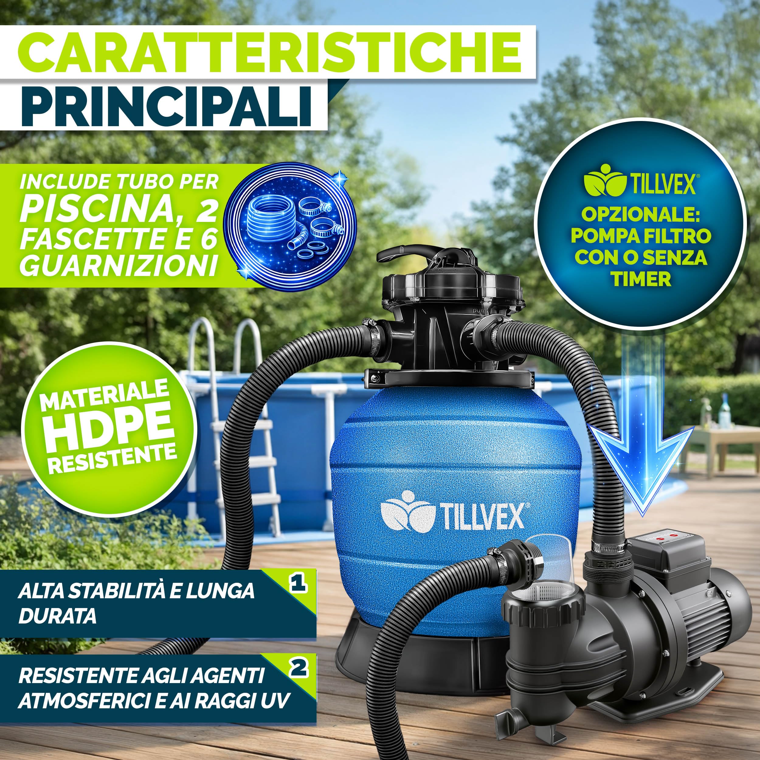 tillvex® Filtro a Sabbia Piscina Senza Pompa + Palline filtranti Fino a 35 m³ (35.000 L) | Serbatoio Filtro incl. Adattatore Ø32-38mm | Valvola 7 Vie, manometro & Tubo aspirazione