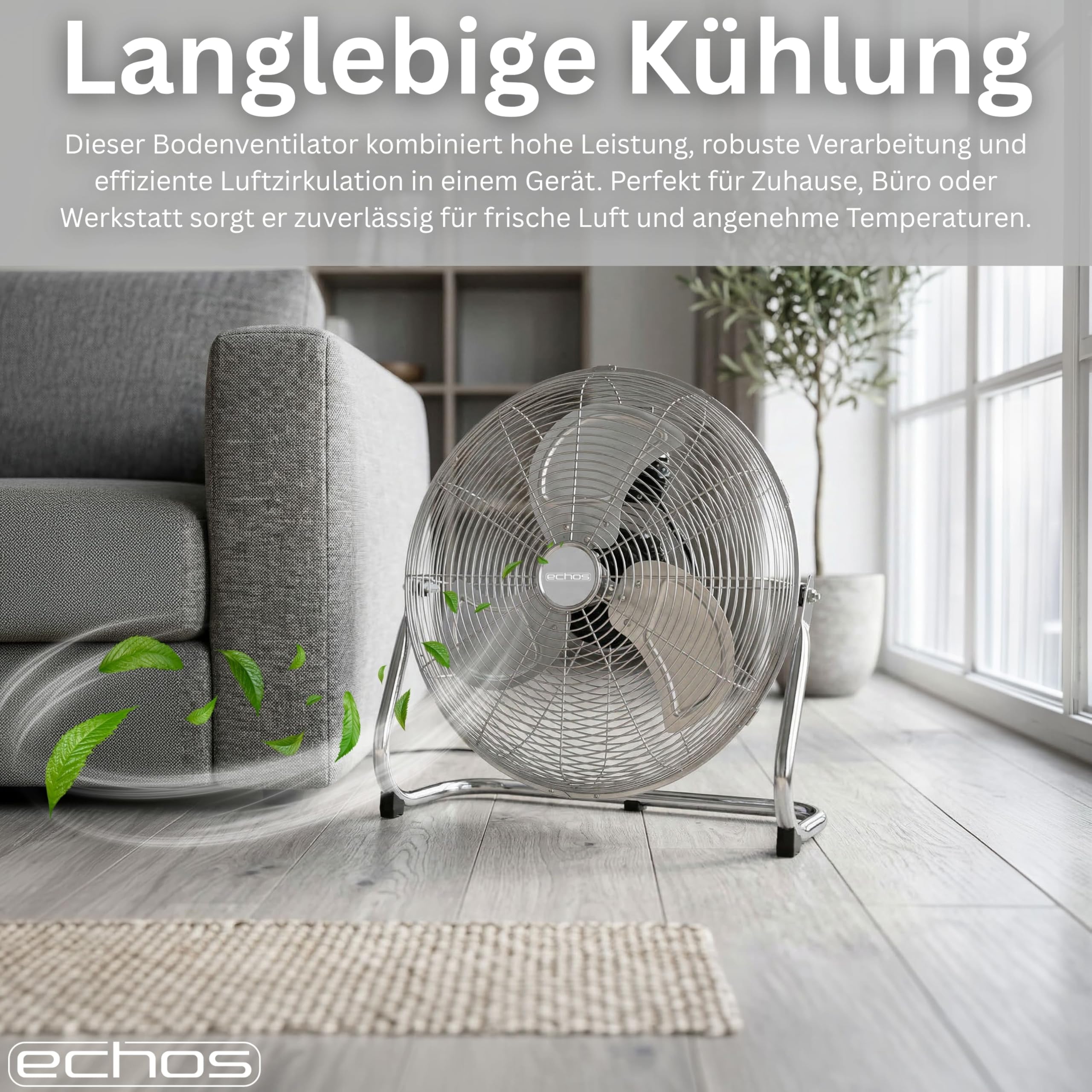 Echos® Bodenventilator Metall 46 cm – 100W Hochleistungs Ventilator leise, 3 Stufen, 90° neigbar, Industrie Ventilator mit starkem Luftstrom 102 m³/min, Standventilator für Werkstatt, Büro & Zuhause