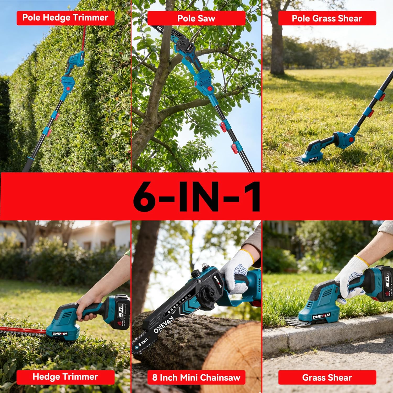 6-in-1 Cordless Pole Saw & Hedge Trimmer, Electric Chainsaw with 2×3.0 Ah Batteries, Pole Saws for Tree Trimming, Bush Trimmer Branch Cutter, Grass Shears, 14Ft Long Reach
