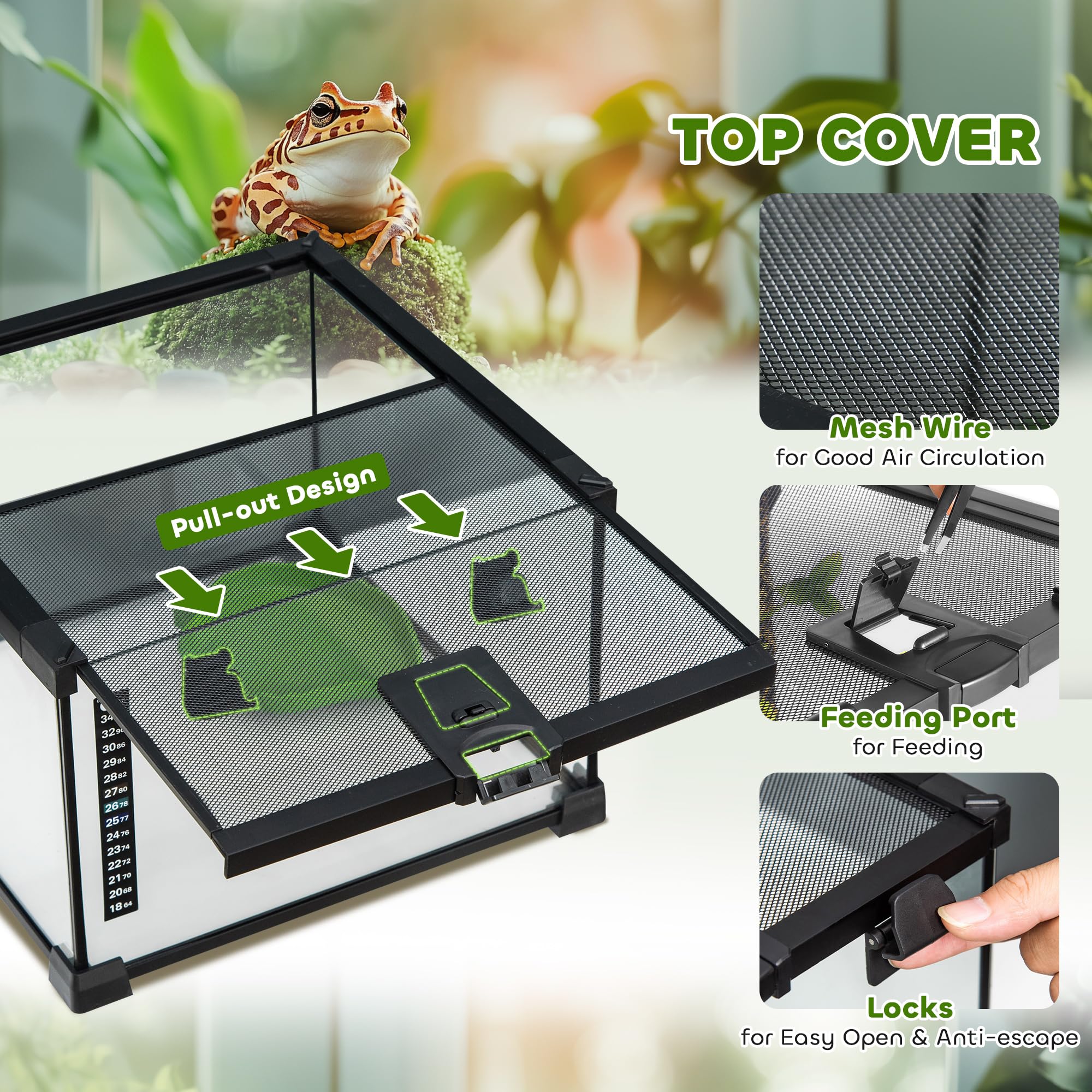 PawHut 30 x 30 x 20 cm szkło terrarium gad hodowla zbiornik wspinaczka zwierzę domowe szklane pojemniki łukowate pudełko z paskiem łata termometr do jaszczurek, rogatych żab, węży, pająków - czarny