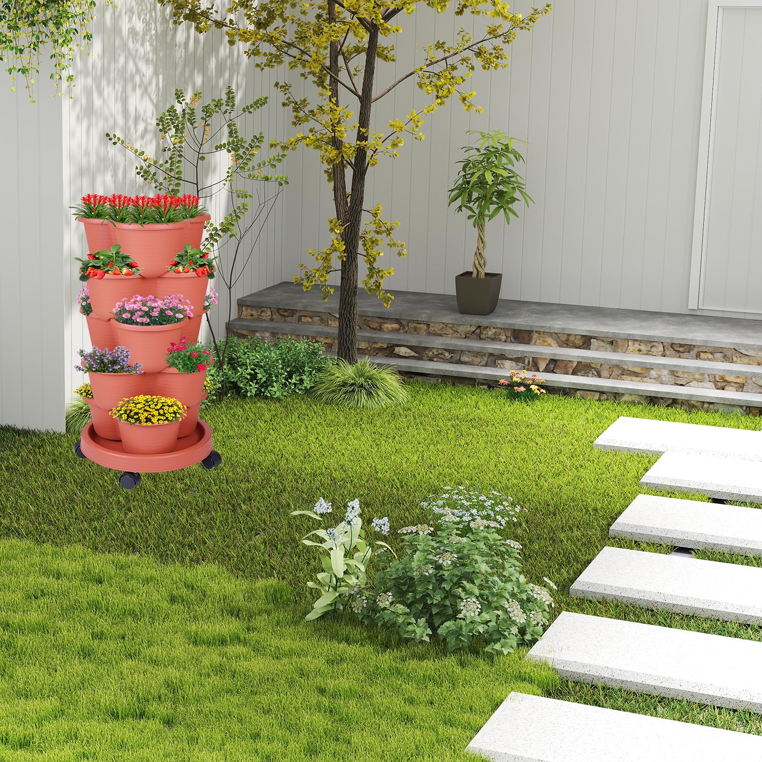 Pinky Family 5-Tier Vertical Garden Tower Stackable Planter for Strawberries, Fl — product photo