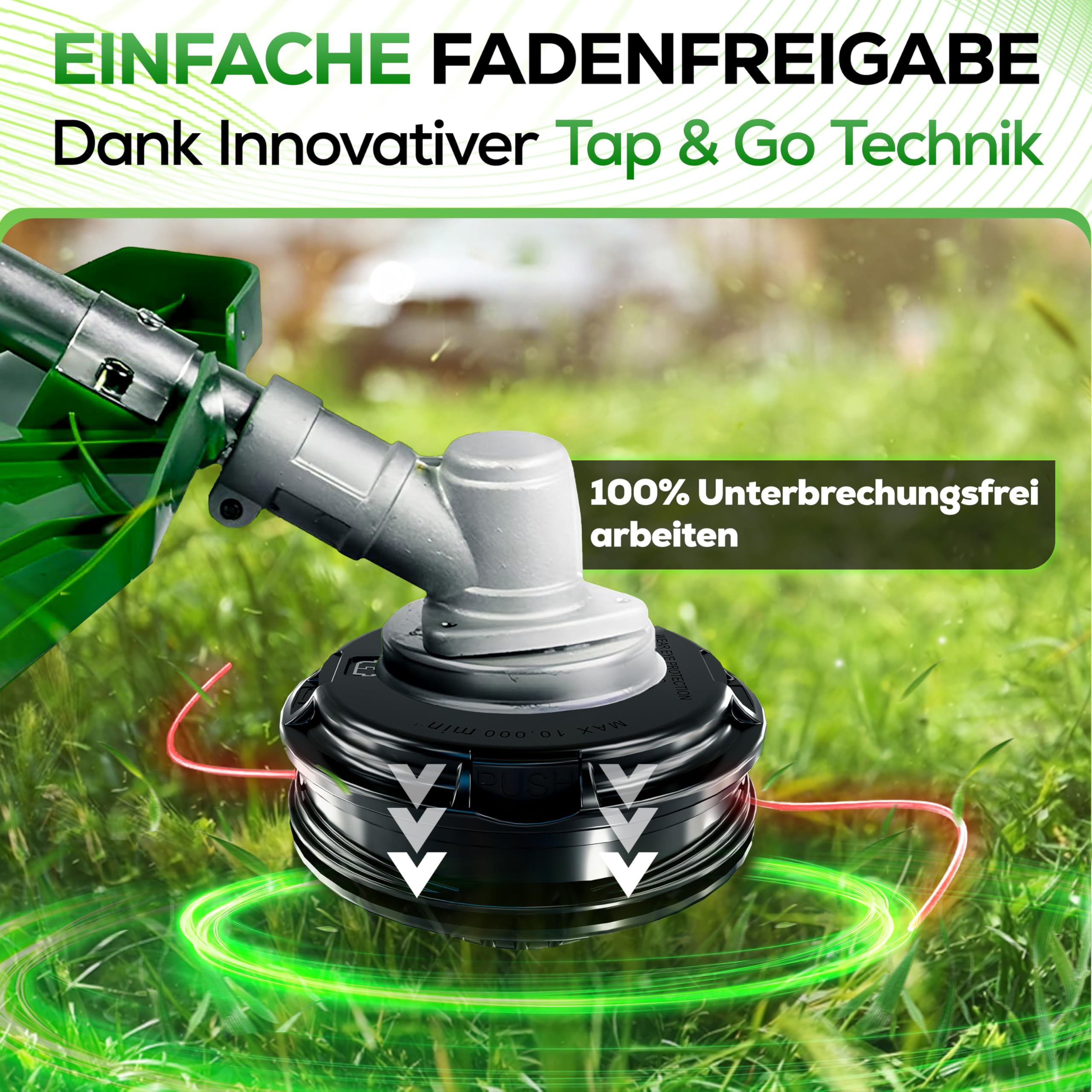Heckenpracht® Fadenkopf für Motorsense mit Stahlknauf Linksgewinde | Trimmerkopf mit Tap & Go Funktion | Effizientes Rasenmähen mit Mähkopf für Freischneider - Fadenspule inkl. 5 Gewindeadapter