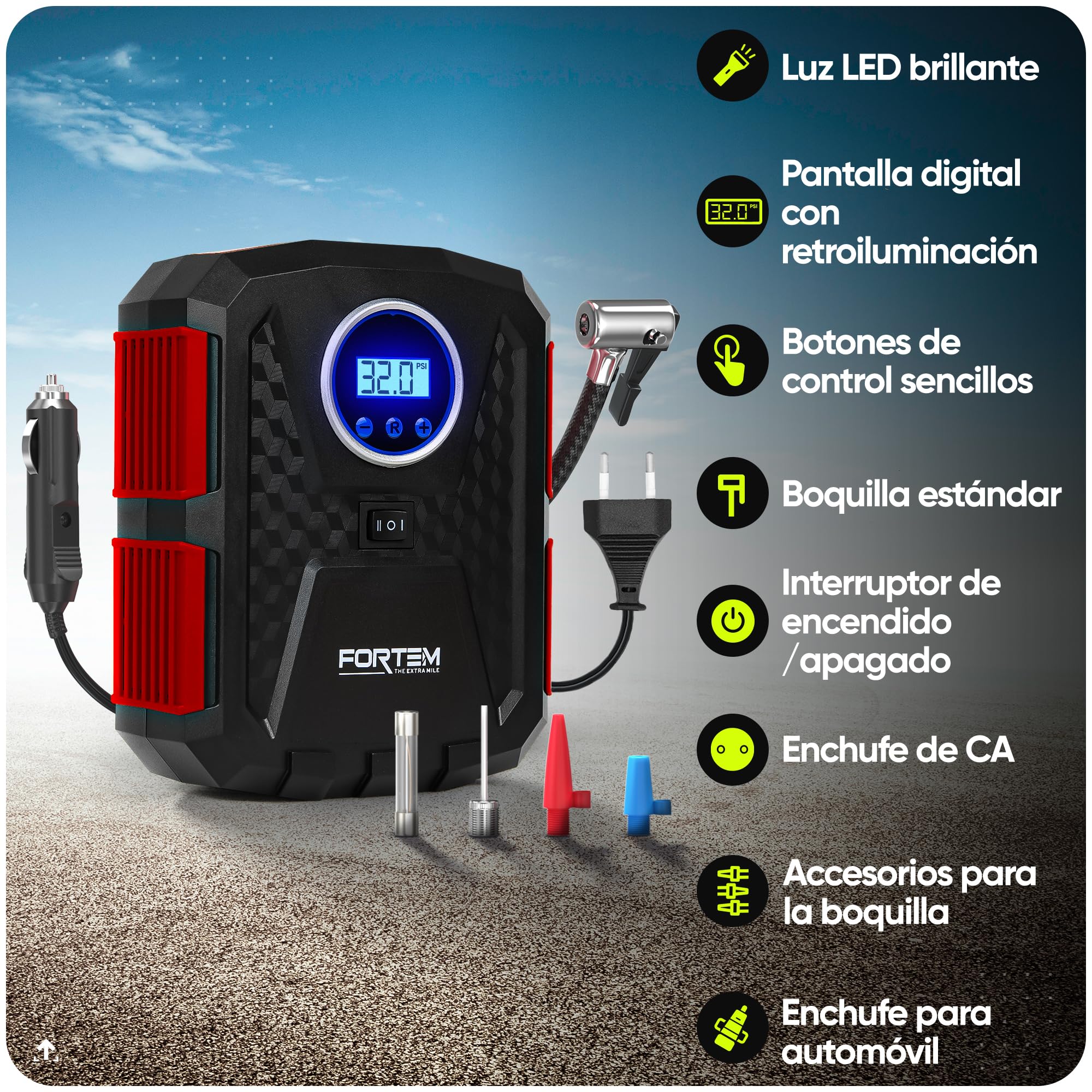 FORTEM Inflador de Ruedas de Coche, Compresor de Aire - Manómetro Digital, Autobombeo, Parada Automática - Bolsa de Transporte