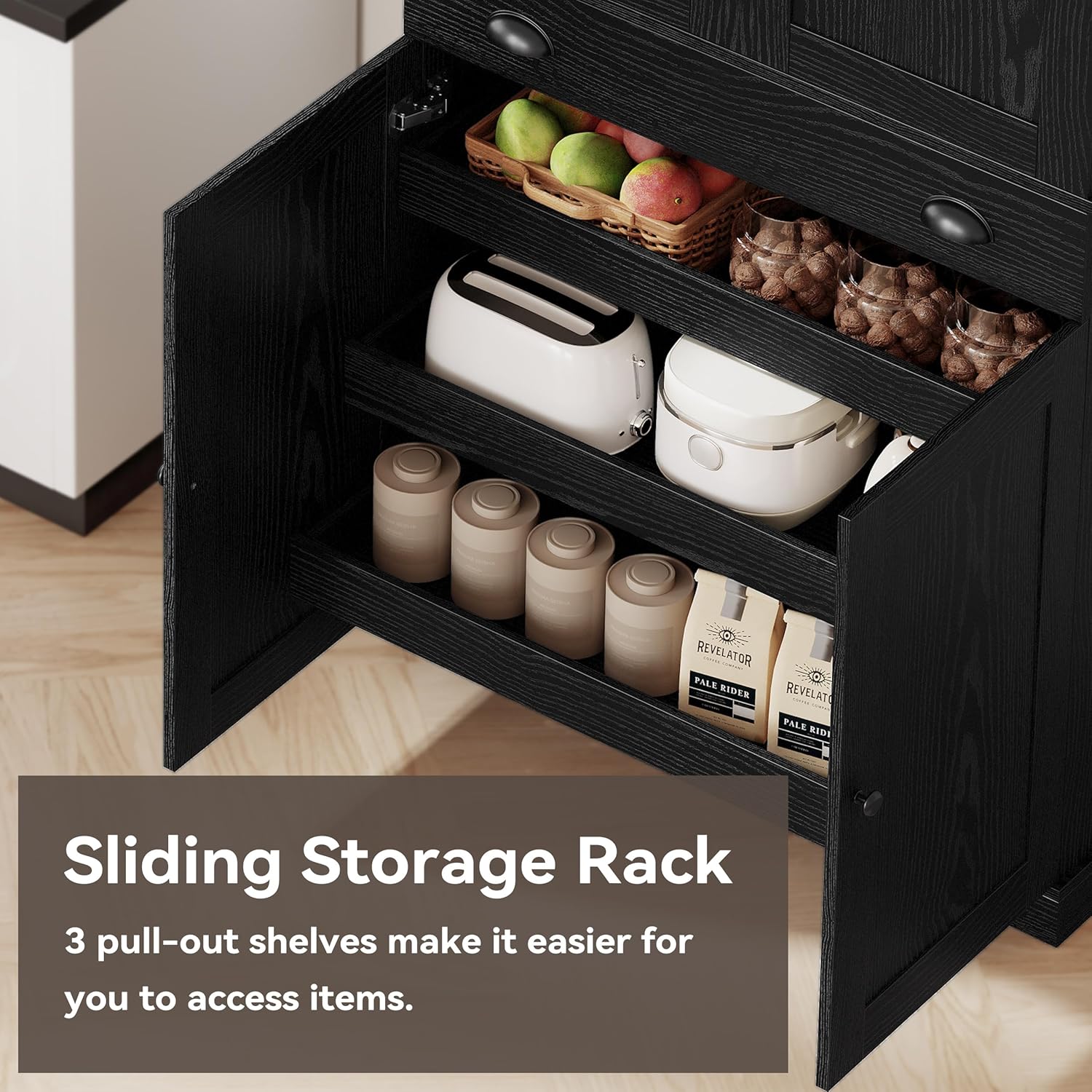 Close-up image of the door shelves, showing items like spices and small bottles