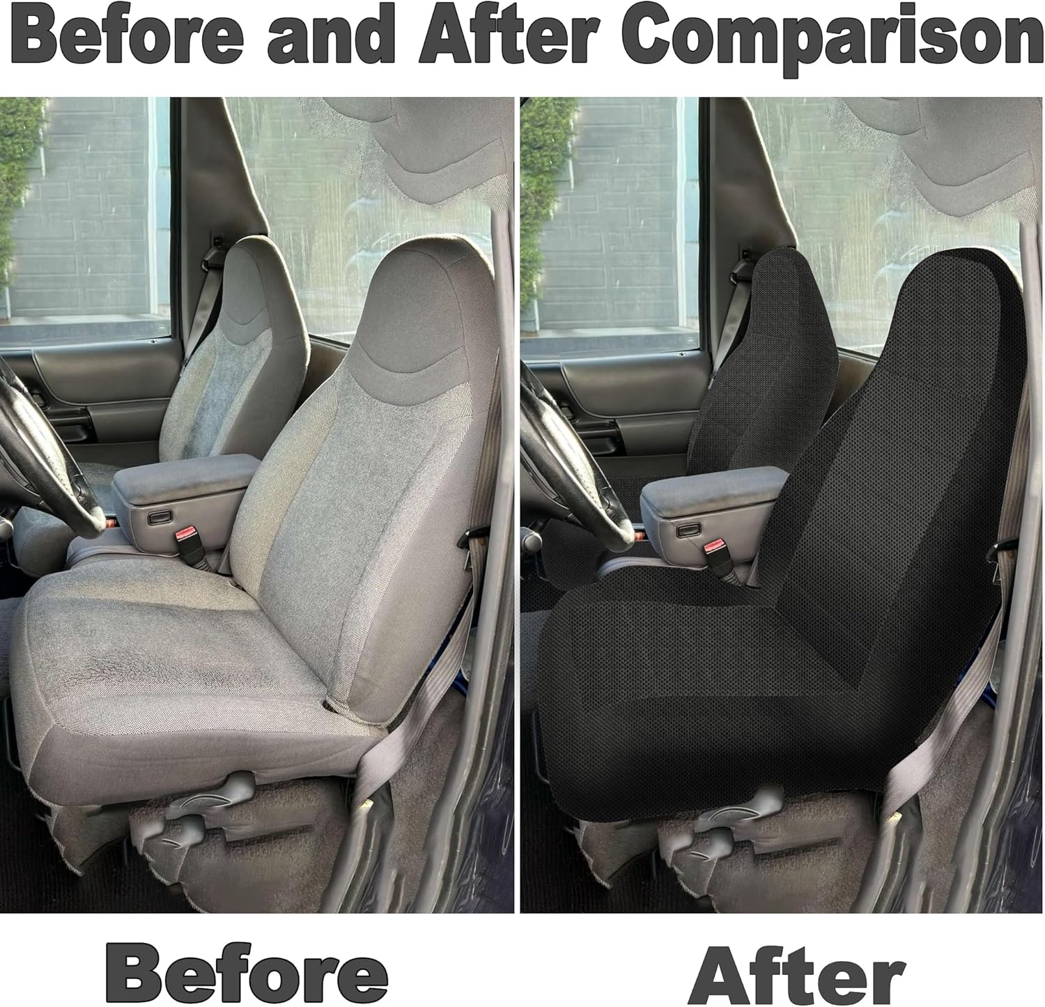 2Pcs 60/40 Split Bench Seat Covers for Ford Ranger XLT 1998 1999 2000 2001 2002 2003 Front Sand Mesh Fabric High Back Design Without Console Opening - Black