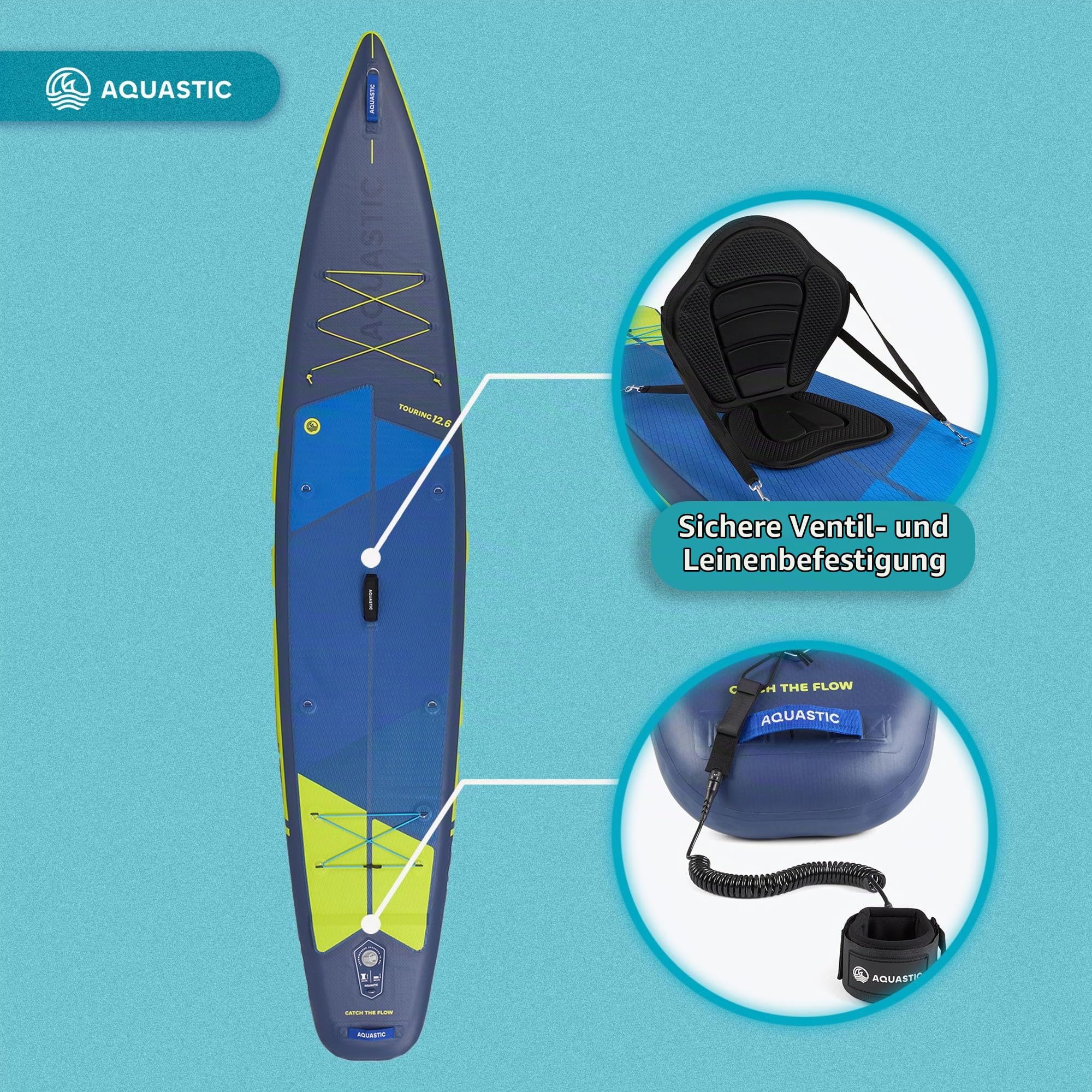 AQUASTIC Touring 12'6" SUP Board Set – Komplettset: 2X 2in1 Paddel, 2 Kajaksitze, Leash, Pumpe, Rucksack, Drop Stitch Lite+, 381x76 cm, 165 kg, Touring, leicht & robust, für Lange Touren