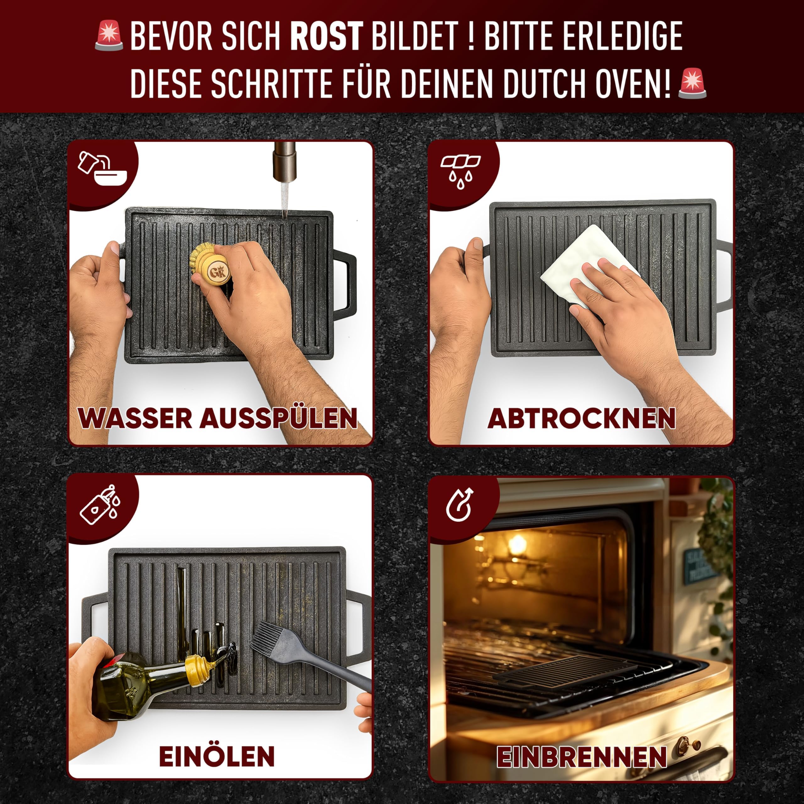 GUSSKÖNIG Gusseisen Grillplatte - 33cm Wendeplatte für Gasgrill, Induktion, Herd & Backofen - Grillplatte Induktion Gusseisen, GussGrillplatte, Cast Iron Grill Plate - inkl. Rezeptbuch & Pflegepaste