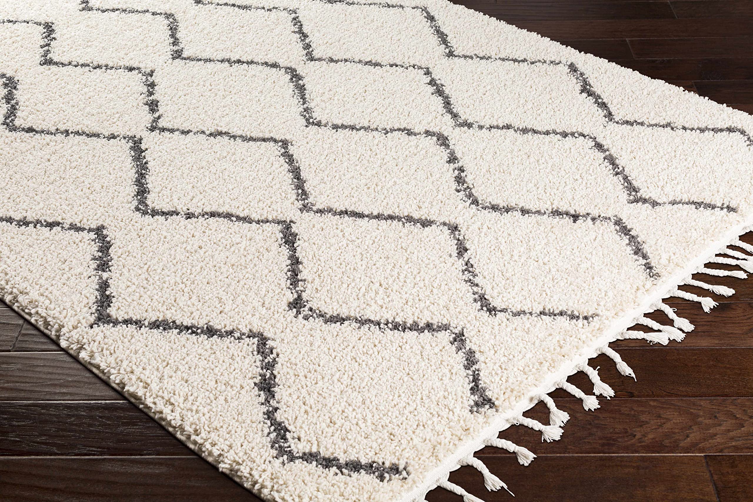 Hauteloom Berber Shag - West End Farmhouse Living Room Bedroom Area Rug with Tassel - Fluffy Plush High Pile Carpet - Soft Shaggy Rug, Moroccan Striped - White, Beige, Cream, Black - 9'2" x 12'