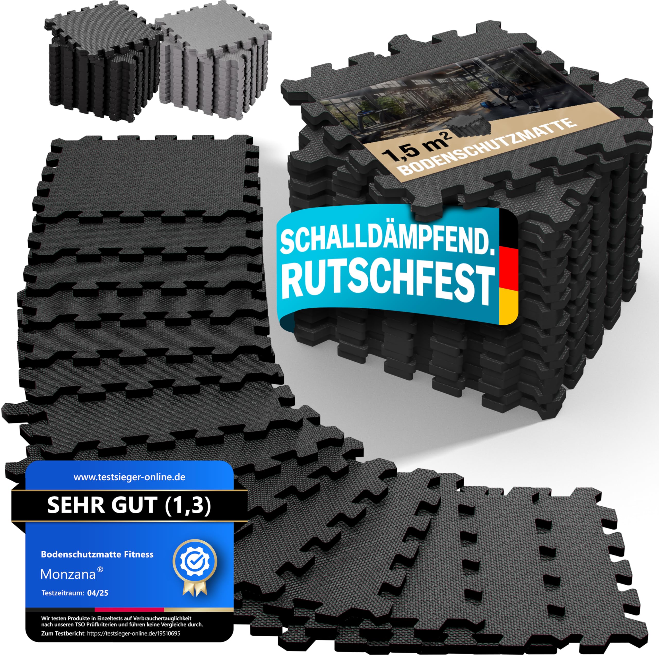 MONZANA® 18x Bodenschutzmatten Fitness & Pool mit Randstücken 30 x 30 cm 1,5 qm rutschfest Eva-Schaumstoff Puzzlematte Trainingsmatten Fitnessgeräte