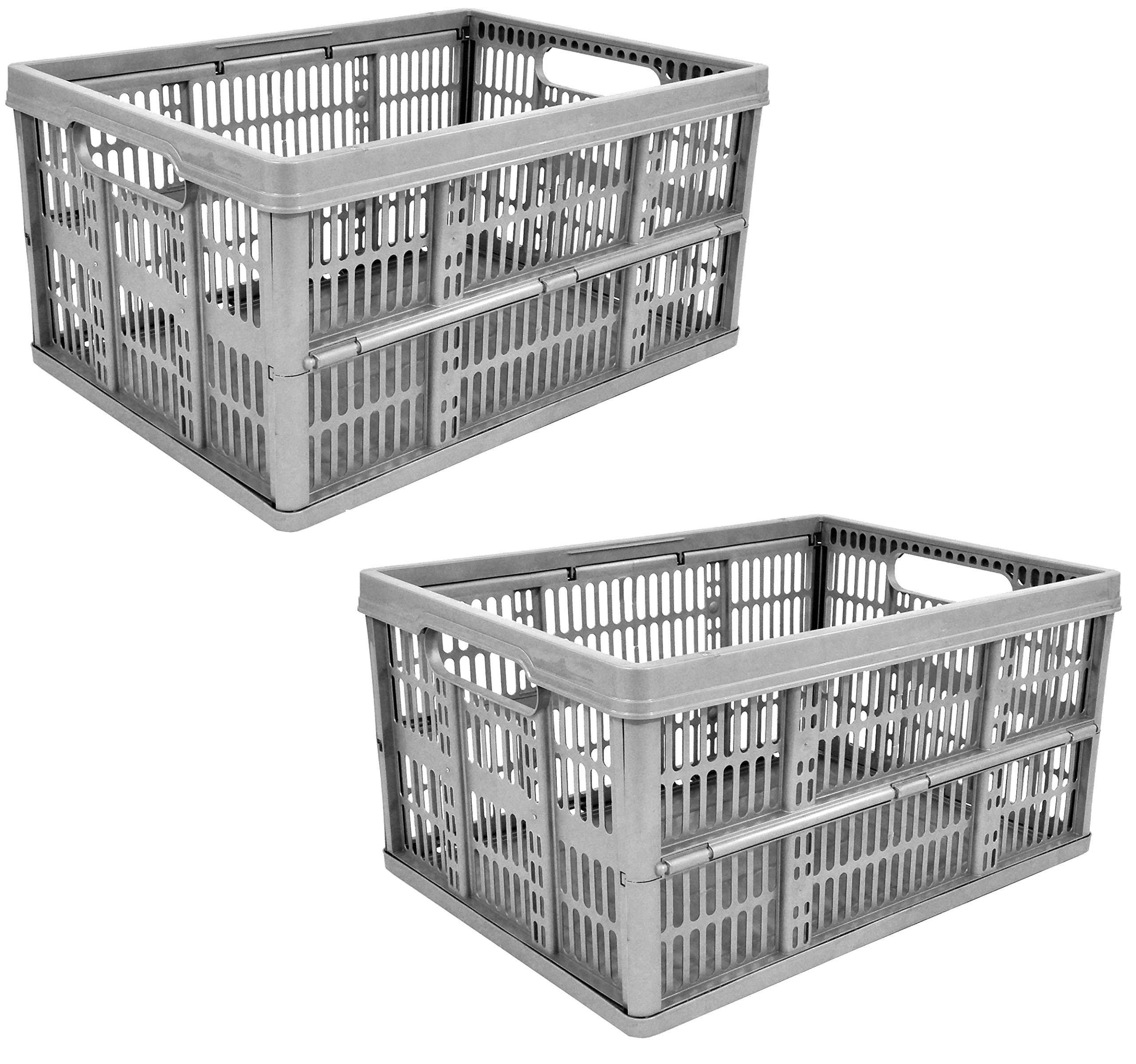 CrazyGadget 2 x 32L Plastic Folding Storage Container Basket Crate Box Stack Foldable Portable SILVER
