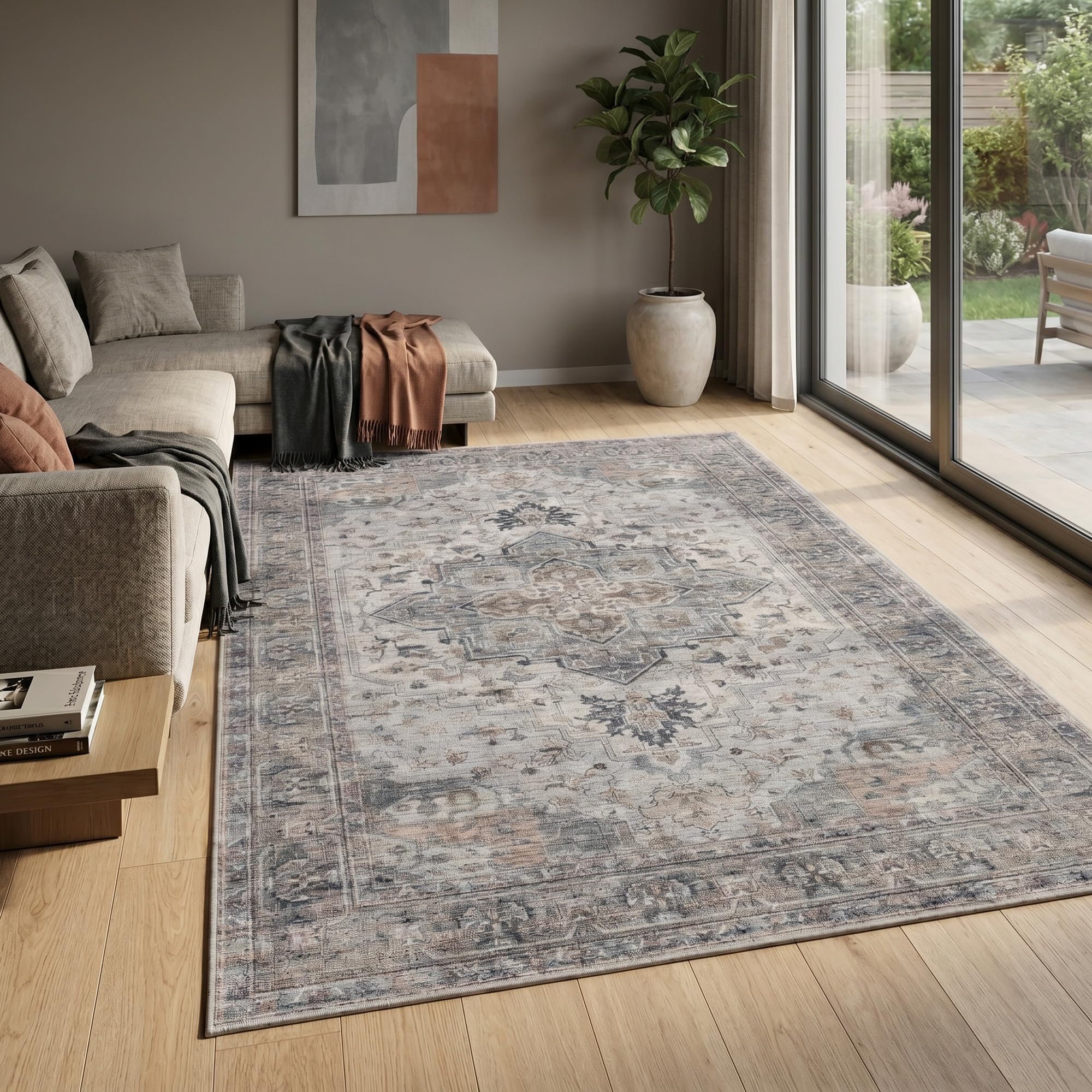 Carpetsale24 Waschbarer Teppich Beige Vintage Kurzflor Wohnteppich für Wohnzimmer Esszimmer Schlafzimmer Orientalisches Design Pflegeleicht Waschmaschinengeeignet