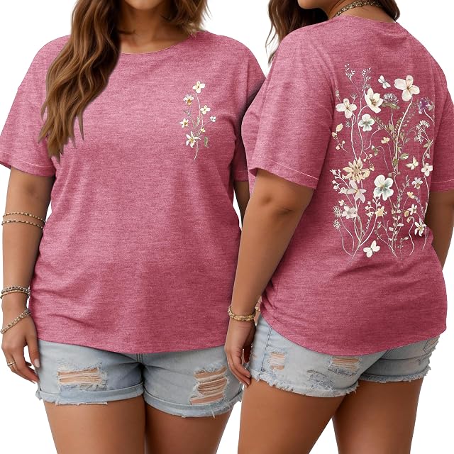 HDLTE HDLTE Women's Plus Size Floral Graphic Tees Tops Casual Boho Wildflowers Short Sleeve Vintage Tshirt (Pink, 1XL)