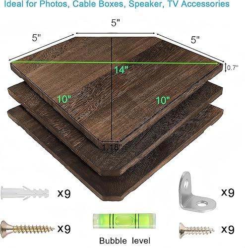 Miniatura 9 de Estantes esquineros de pared, estantes flotantes de esquina de madera con canaleta para cables, exhibición de almacenamiento de montaje en pared