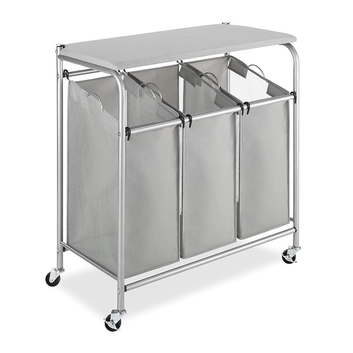 Whitmor chrome 3-section rolling laundry sorter with folding station top