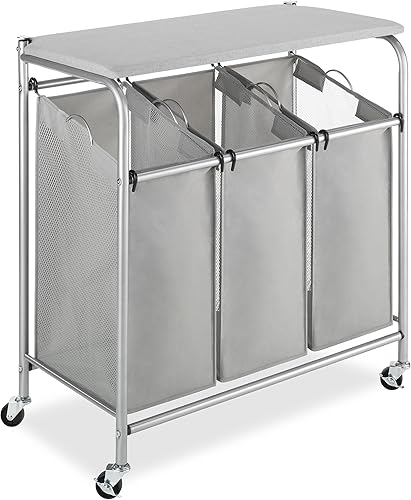 Whitmor - Organizador de lavandería de 3 secciones con estación plegable - Tabla de planchar, cromado gris