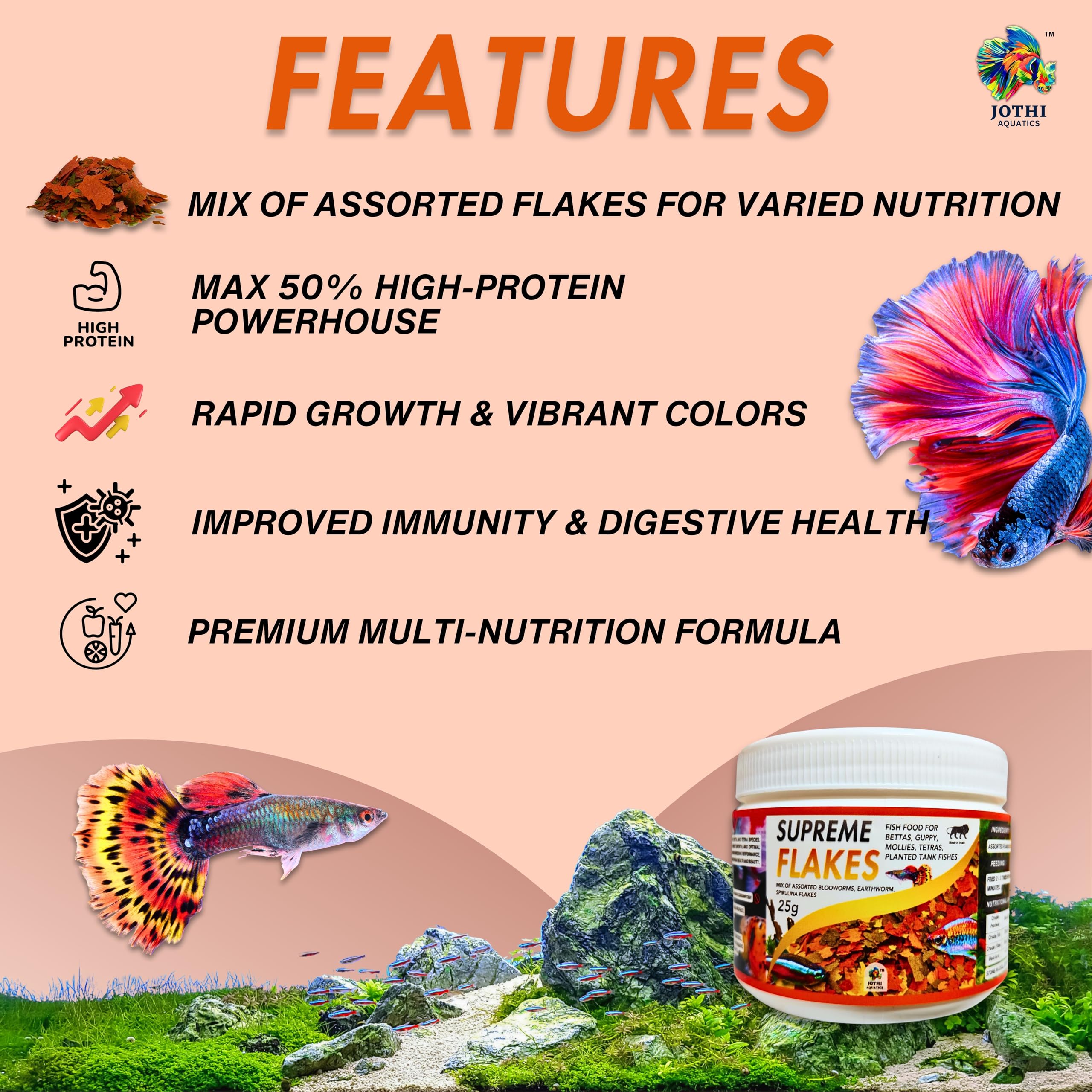 Jothi Aquatics Supreme Flakes 25g Fish Food | 60% Max Protein | Bloodworm, Spirulina & Earthworm Mix | High Growth & Color | for Bettas, Guppy, Tetra & All Small Aquarium Tropical Fishes 3