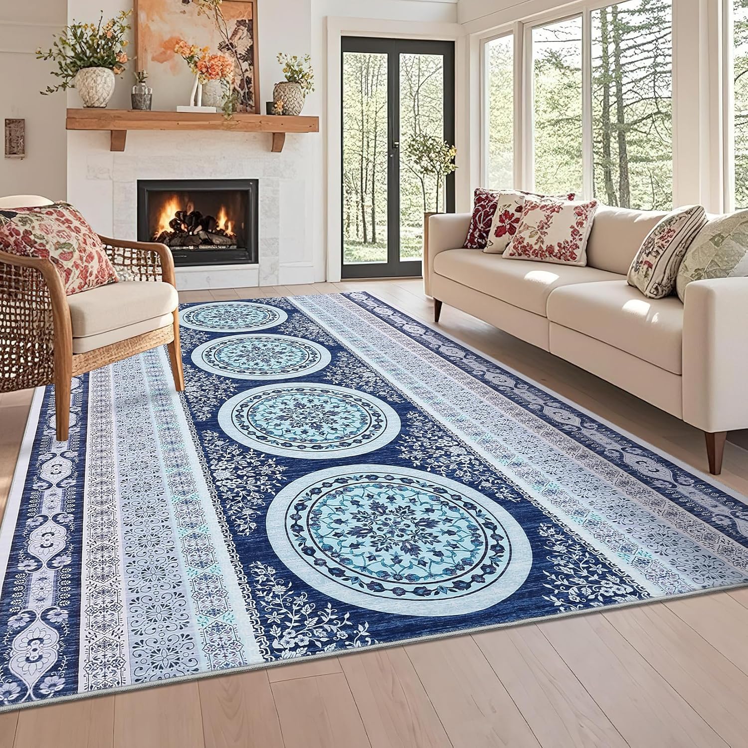 GarveeHome Vintage Boho Area Rug Large 9x12 Washable Rugs Traditioanl Throw Carpet Stain Resistant Throw Carpet with Non-Slip Backing for Bedroom Nursery Apartment Living Room, Blue