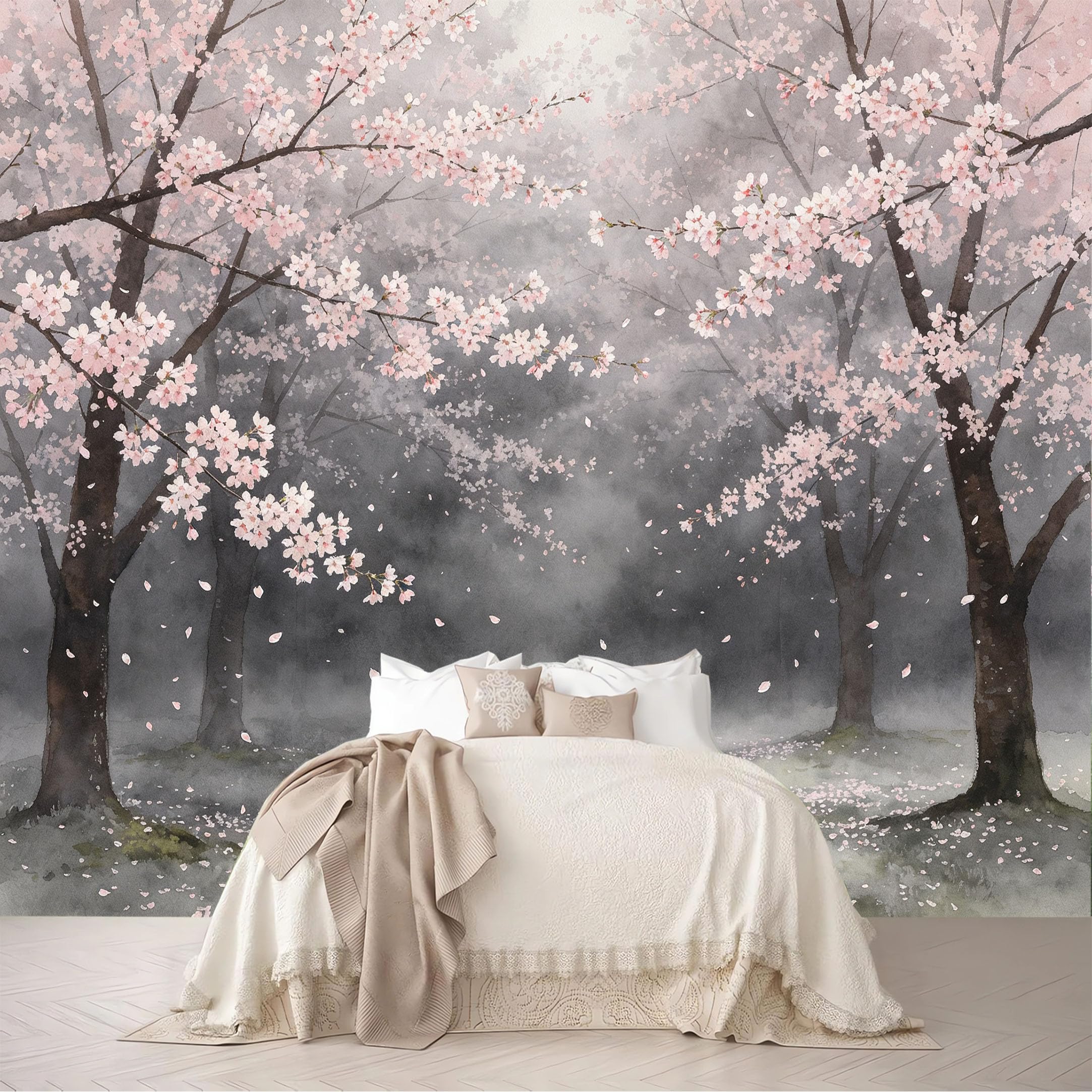 Custom Size Wall Murals Misty Watercolor Cherry Blossom Falling Petal Removable Self-Adhesive for Bedroom Living Room Dining Room