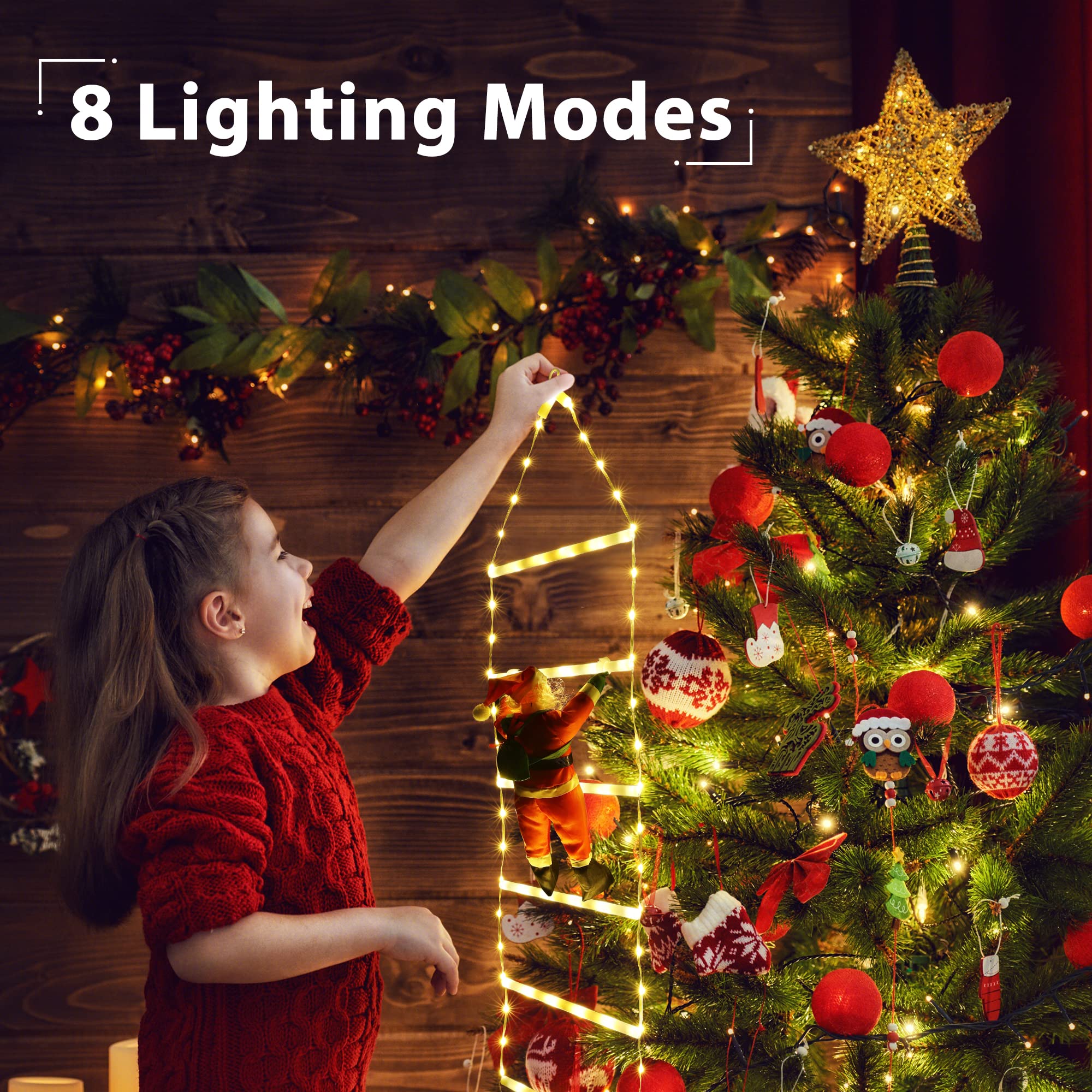 Geemoo 0.75M Luci Decorazioni 98 LED Scala Babbo Natale, Addobbi 8 modalità, Funzione Timer e Memoria, Luci Natalizie per Finestra Esterno ed Interno Bianco Caldo