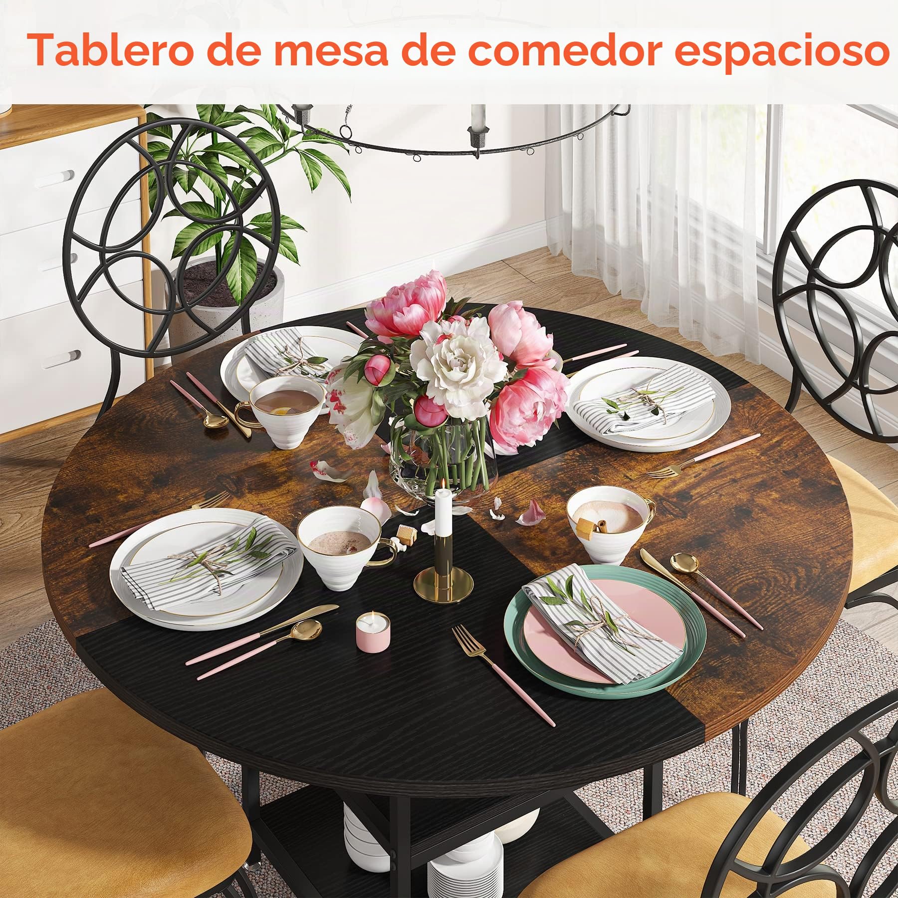 Tribesigns Mesa de Comedor Redonda para 4 Personas, 120 x 75 cm (Diámetro x Alto), Industrial, Mesa de Cocina de Madera, Mesa de Comedor Grande con Estante para el hogar, Comedor, Salón,Marrone/Nero