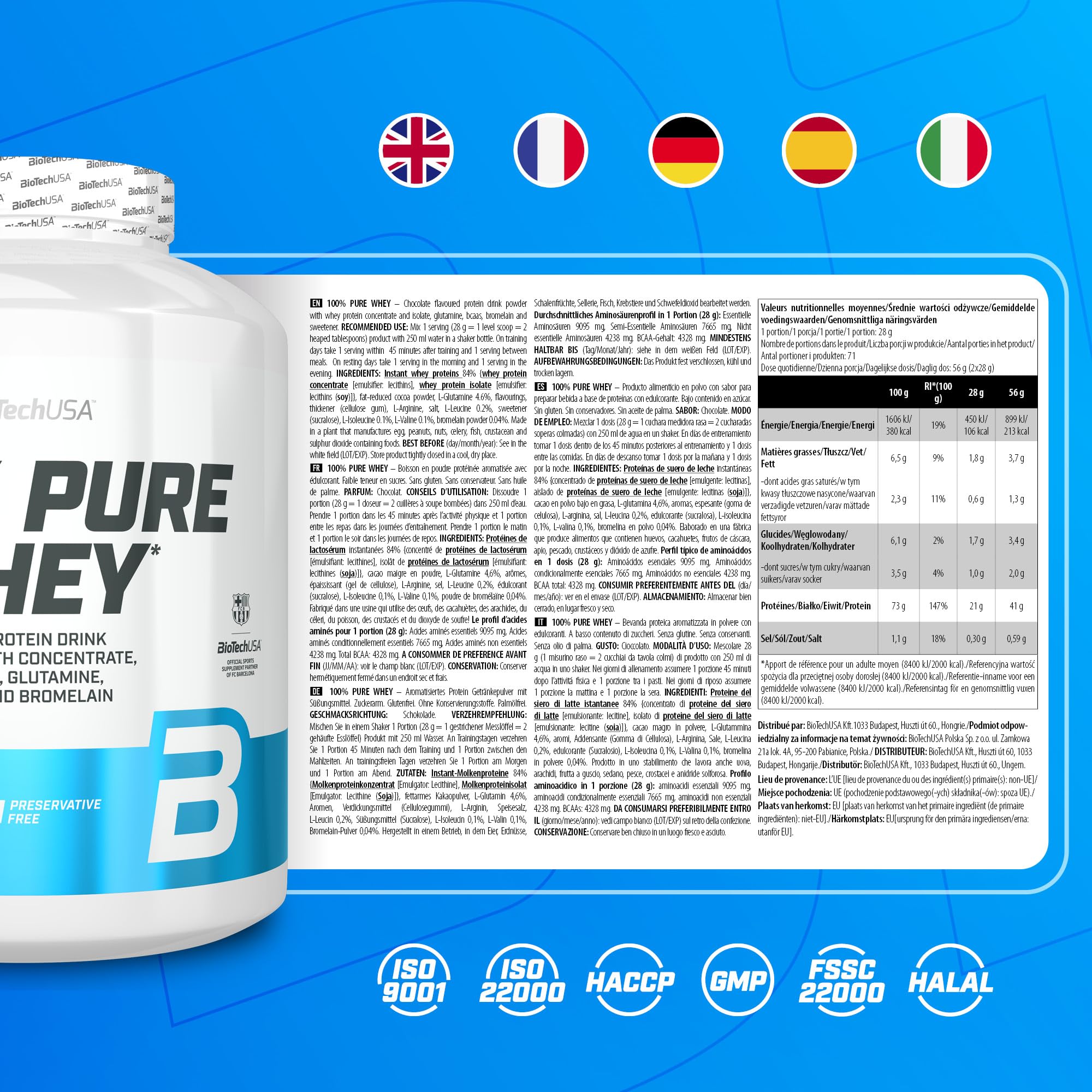 BioTechUSA 100% Pure Whey | Proteína en Polvo con BCAA y Glutamina | Sin Gluten, Sin Aceite de Palma, 2 kg, Chocolate