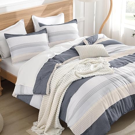 Litanika Comforter Set Twin/Twin XL Blue Yellow - 2 Pieces Lightweight Blue Yellow White Colorblock Stripe Fluffy Bedding Comforter Sets, All Season Bed Set