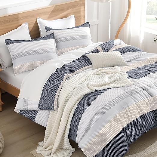 Litanika Comforter Set Twin/Twin XL Blue Yellow - 2 Pieces Lightweight Blue Yellow White Colorblock Stripe Fluffy Bedding Comforter Sets, All Season Bed Set