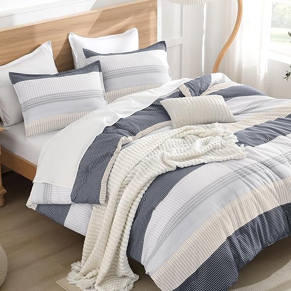 Litanika Comforter Set Twin/Twin XL Blue Yellow - 2 Pieces Lightweight Blue Yellow White Colorblock Stripe Fluffy Bedding Comforter Sets, All Season Bed Set