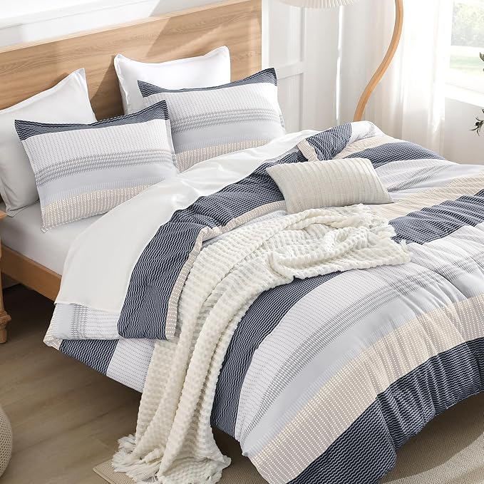 Litanika Comforter Set Twin/Twin XL Blue Yellow - 2 Pieces Lightweight Blue Yellow White Colorblock Stripe Fluffy Bedding Comforter Sets, All Season Bed Set
