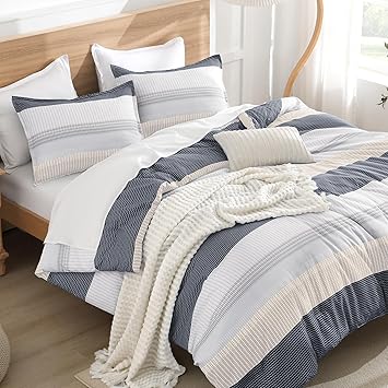 Litanika Comforter Set Twin/Twin XL Blue Yellow - 2 Pieces Lightweight Blue Yellow White Colorblock Stripe Fluffy Bedding Comforter Sets, All Season Bed Set
