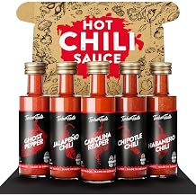TIMBER TASTE&reg; Hot Sauce Sampler Set - 5 Gourmet Chili Condiments Carolina Reaper Ghost Pepper Habanero Jalapeno Chipotle | Hot Ones Style Variety Pack Mini Bottles - Birthday Gift for Him Her