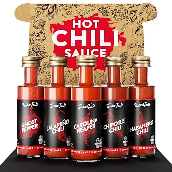 TIMBER TASTE Hot Sauce Sampler Set - 5 Gourmet Chili Condiments Carolina Reaper Ghost Pepper Habanero Jalapeno Chipotle | Hot Ones Style Variety Pack Mini Bottles - Birthday Gift for Him Her